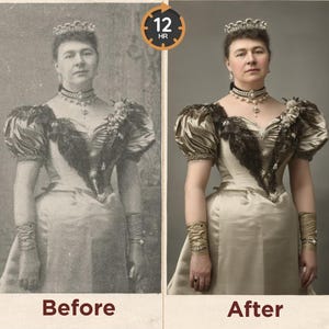 以下が含まれることがあります： 復元されたヴィンテージポートレートの比較。 「Before」画像は白黒写真です。 「After」画像はカラー化されており、金色のドレス、王冠、ジュエリーを身に着けた女性が写っています。 画像には「Before」と「After」のテキストが含まれています。
