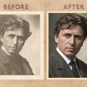 Peut inclure: Comparaison avant-apr&egrave;s de deux portraits d'un homme. &Agrave; gauche, une photo en noir et blanc, &agrave; droite, une photo en couleur. L'homme porte un costume sombre et une cravate. Les mots "BEFORE" et "AFTER" sont au-dessus des images.