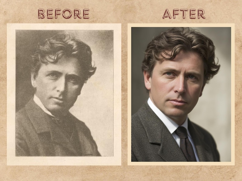Peut inclure: Comparaison avant-apr&egrave;s de deux portraits d'un homme. &Agrave; gauche, une photo en noir et blanc, &agrave; droite, une photo en couleur. L'homme porte un costume sombre et une cravate. Les mots "BEFORE" et "AFTER" sont au-dessus des images.