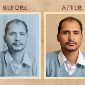 Peut inclure: Comparaison c&ocirc;te &agrave; c&ocirc;te d'un portrait avant et apr&egrave;s retouche photo. L'image "Avant" est en noir et blanc. L'image "Apr&egrave;s" est un portrait en couleur de la m&ecirc;me personne, avec une am&eacute;lioration de l'&eacute;clairage et de la correction des couleurs.