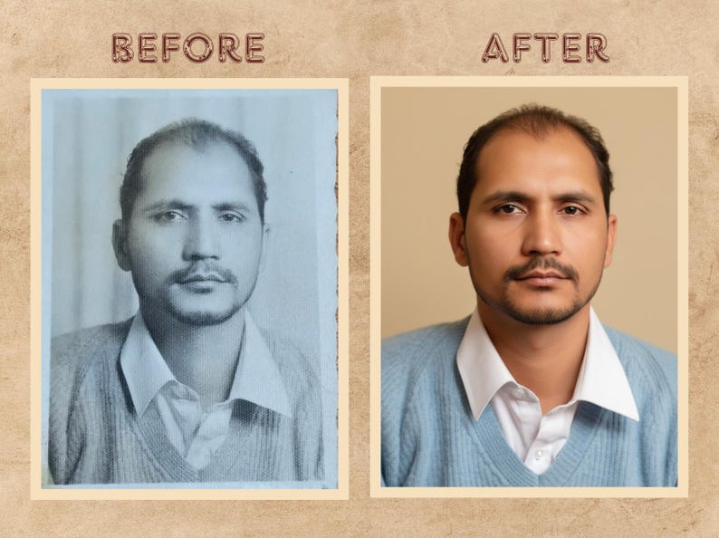 Peut inclure: Comparaison c&ocirc;te &agrave; c&ocirc;te d'un portrait avant et apr&egrave;s retouche photo. L'image "Avant" est en noir et blanc. L'image "Apr&egrave;s" est un portrait en couleur de la m&ecirc;me personne, avec une am&eacute;lioration de l'&eacute;clairage et de la correction des couleurs.
