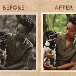 Peut inclure: Photographie vintage divis&eacute;e en deux parties, avec les mots &laquo; AVANT &raquo; et &laquo; APR&Egrave;S &raquo;. On y voit une personne tenant un chien noir, blanc et marron, portant un harnais. La personne porte des lunettes et une chemise boutonn&eacute;e.