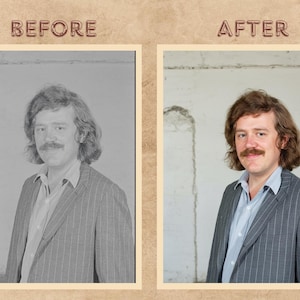 Peut inclure: Comparaison c&ocirc;te &agrave; c&ocirc;te d'une photo en noir et blanc et d'une photo en couleur. Les photos montrent un homme avec une moustache portant un blazer ray&eacute; et une chemise bleu clair. Les textes "AVANT" et "APR&Egrave;S" sont en haut.