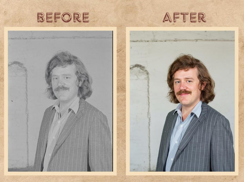 Peut inclure: Comparaison c&ocirc;te &agrave; c&ocirc;te d'une photo en noir et blanc et d'une photo en couleur. Les photos montrent un homme avec une moustache portant un blazer ray&eacute; et une chemise bleu clair. Les textes "AVANT" et "APR&Egrave;S" sont en haut.