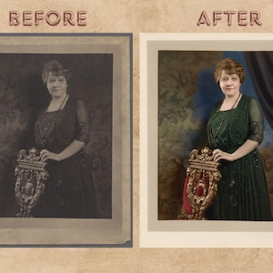 Peut inclure: Image comparant un portrait vintage avant et apr&egrave;s restauration. La version &laquo; avant &raquo; est en noir et blanc, montrant une femme en robe sombre. La version &laquo; apr&egrave;s &raquo; est coloris&eacute;e, avec une femme en robe verte et une chaise dor&eacute;e.
