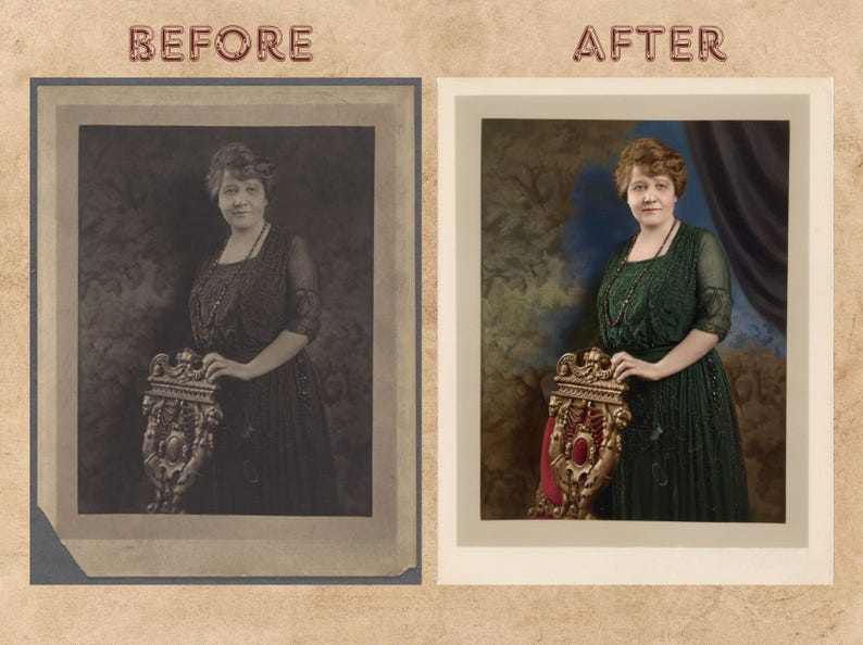 Peut inclure: Image comparant un portrait vintage avant et apr&egrave;s restauration. La version &laquo; avant &raquo; est en noir et blanc, montrant une femme en robe sombre. La version &laquo; apr&egrave;s &raquo; est coloris&eacute;e, avec une femme en robe verte et une chaise dor&eacute;e.