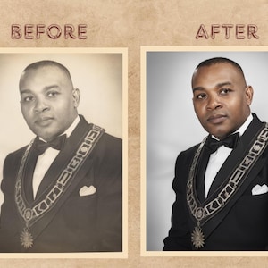 Peut inclure: Comparaison de deux portraits d'un homme en costume noir, n&oelig;ud papillon et collier d&eacute;coratif. L'image &laquo; avant &raquo; est en s&eacute;pia, tandis que l'image &laquo; apr&egrave;s &raquo; est en couleur, montrant une retouche photo.