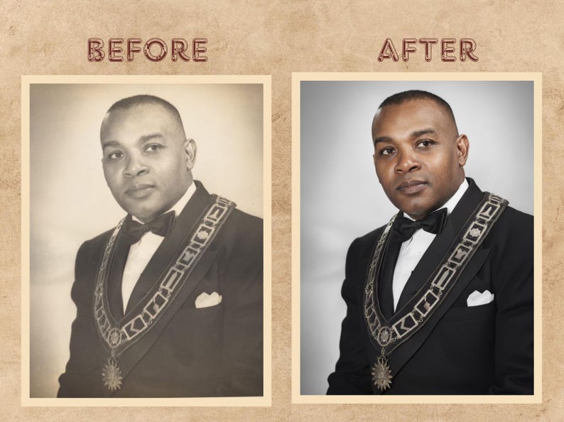 Peut inclure: Comparaison de deux portraits d'un homme en costume noir, n&oelig;ud papillon et collier d&eacute;coratif. L'image &laquo; avant &raquo; est en s&eacute;pia, tandis que l'image &laquo; apr&egrave;s &raquo; est en couleur, montrant une retouche photo.