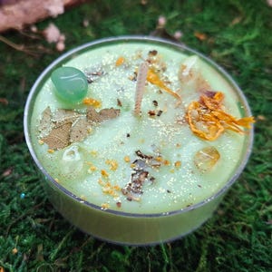 Può includere: Una candela verde con glitter dorati, fiori secchi e una pietra verde in cima.