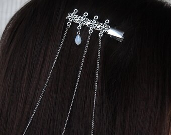 Silver Hair Clips With Hanging Chains and Crystals, Boho Bridal