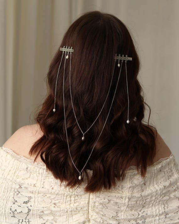 Double Hair Clips with Chains, Boho Hair Jewelry, Bridal Hair Accessory, Draped Chain Headpiece, Wedding Hairstyle Clips