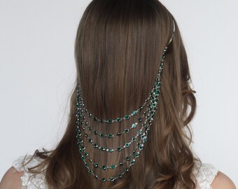 Metal Headband with Hanging Chains & Crystals, Wedding Accessories, Festival Jewelry, Graduation Party Jewelry Elegant Boho Bridal Hairpiece