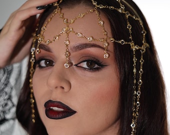 Casque de cotte de mailles en cristal, serre-tête gothique pour Halloween, bijoux de festival dramatique pour le visage, accessoire de cosplay