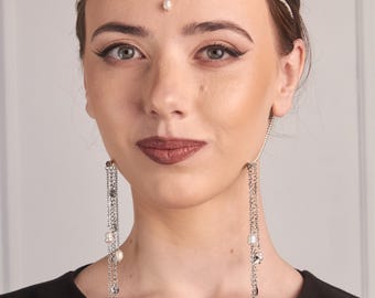 Draping Chain Face Jewelry with Freshwater Pearls, Minimalist Headpiece, Silver Layered Hair Accessory, Modern Bridal Forehead Band