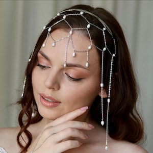 Pearl Head Chain Veil, Boho Bridal Headpiece, Cascading Pearl Hair Jewelry, Wedding Drape Crown, Ethereal Forehead Accessory, Gift for Her