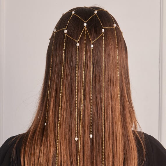 Boho Bridal Draped Headpiece, Crystal & Pearl Hair Jewelry  display picture 1