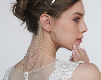 ブライダルクリスタルチェーンハローヘッドピース、繊細なドレープチェーンがメタルバンドに付いています、エレガントなウェディングヘアジュエリー、ミニマルなベールの代替品