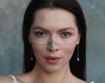 Gothic Face Chain, Baroque Nose Chain Jewelry, Fantasy Statement Face Accessory, Medieval Festival Headpiece, Dark Aesthetic Jewelry