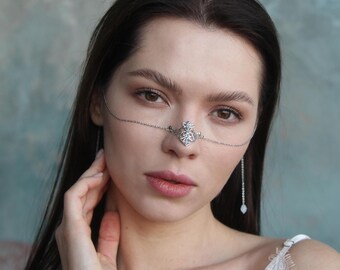 Dreieck Nasenbrücke Gesichtskette, drapierter Silber Festival Schmuck, Boho Nase an Ohrmanschette Zubehör, Avantgarde Statement Maske für Frauen