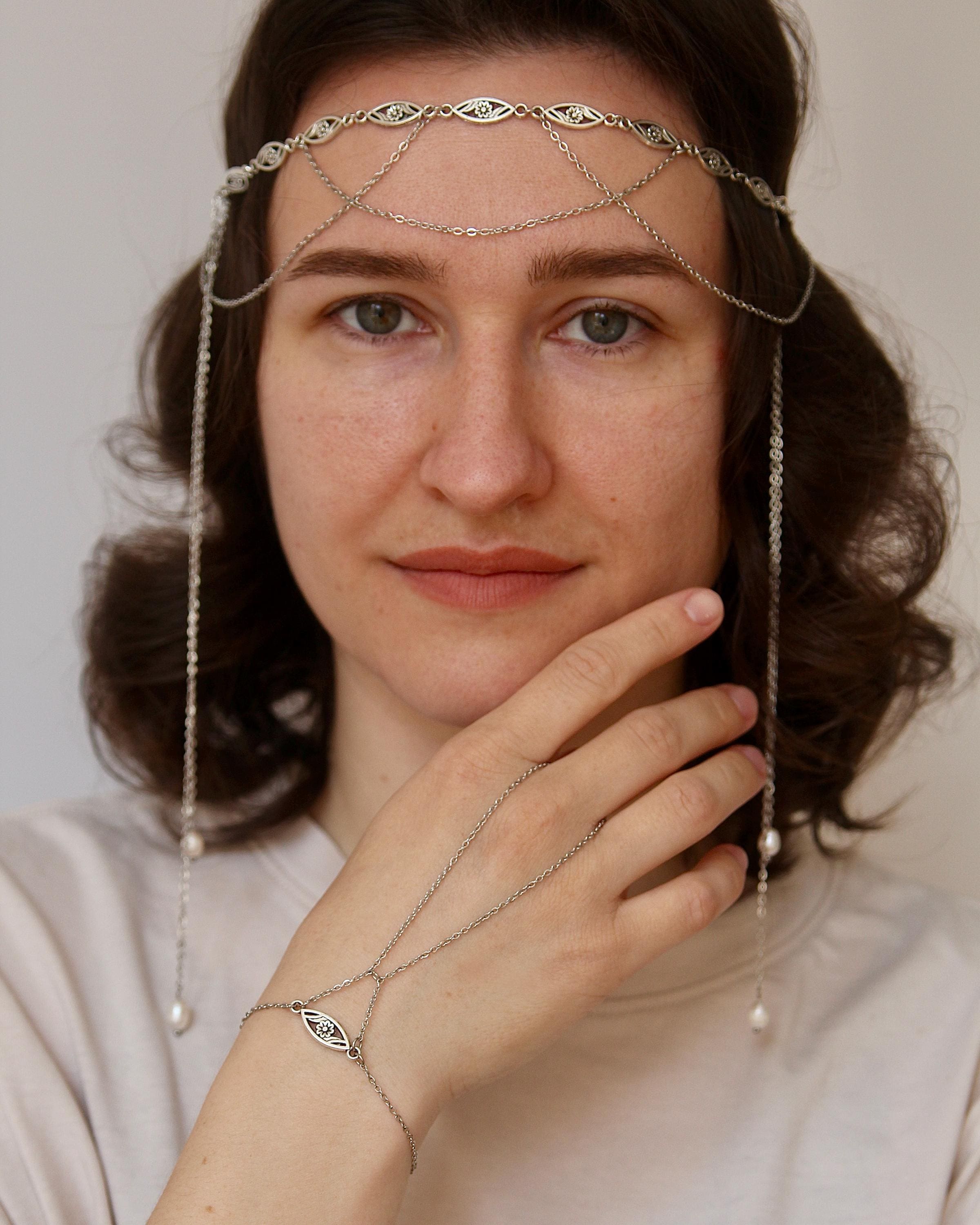 Delicate Head Chain & Hand Chain Set, Mystical Fairy Jewelry for Women, Dreamy Accessory for Fantasy, Boho Weddings, Parties or Festivals