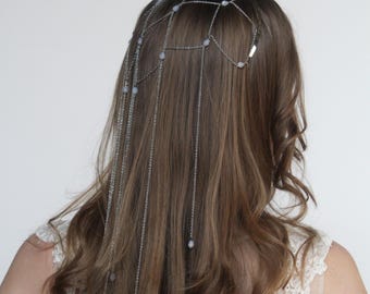 Draped Chain Headpiece with Crystals or Pearls, Bridal Hair Jewelry, Boho Wedding Hair Chain, Statement Headband for Bride or Bridesmaids