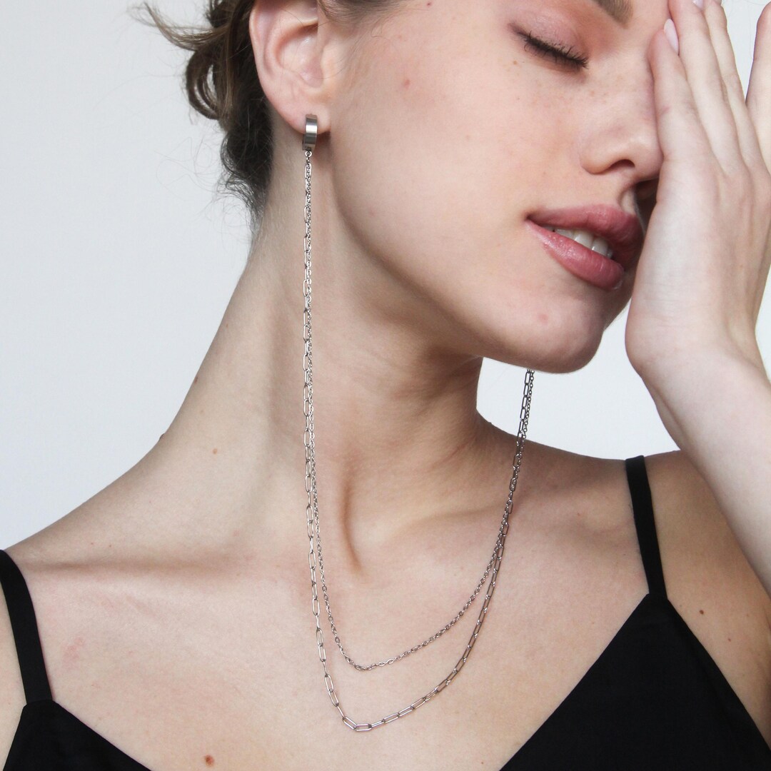 Ear to Ear Chain Earrings, Minimal Face Chain Jewelry, Connected Hoop ...