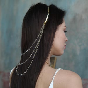 Acessório de cabeça com corrente de cristal, coroa de halo de metal com correntes penduradas, joias para cabelo de festival, faixa de cabeça boho para noivas, acessório de corrente para cabeça de rave