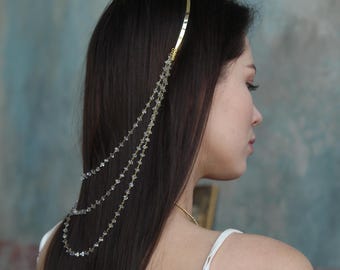 クリスタルチェーンのヘッドピース、垂れ下がるチェーン付きのメタルハロークラウン、ボヘミアンブライダルヘアジュエリー、フェスティバルやレイブのヘッドバンド