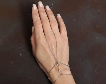 Gold or Silver Hand Chain with Crystals, Bohemian Slave Bracelet for Women, Boho Hand Harness, Festival Jewelry, Beach Wedding Accessory