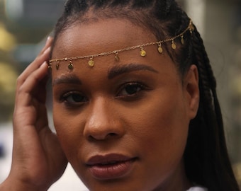 ボヘミアンジプシー風額飾りチェーンヘッドピース、繊細なフェスティバルヘアジュエリー、ウェディングヘッドピース