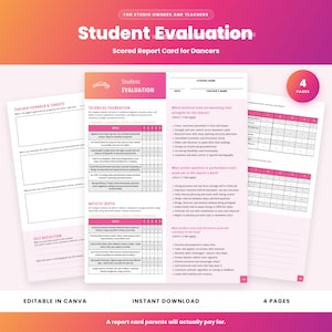 May include: A four-page student evaluation report card for dancers featuring sections for technical foundation, artistic depth, teacher feedback, and self-reflection. The document includes checkboxes, scoring grids, and text fields for names and dates.