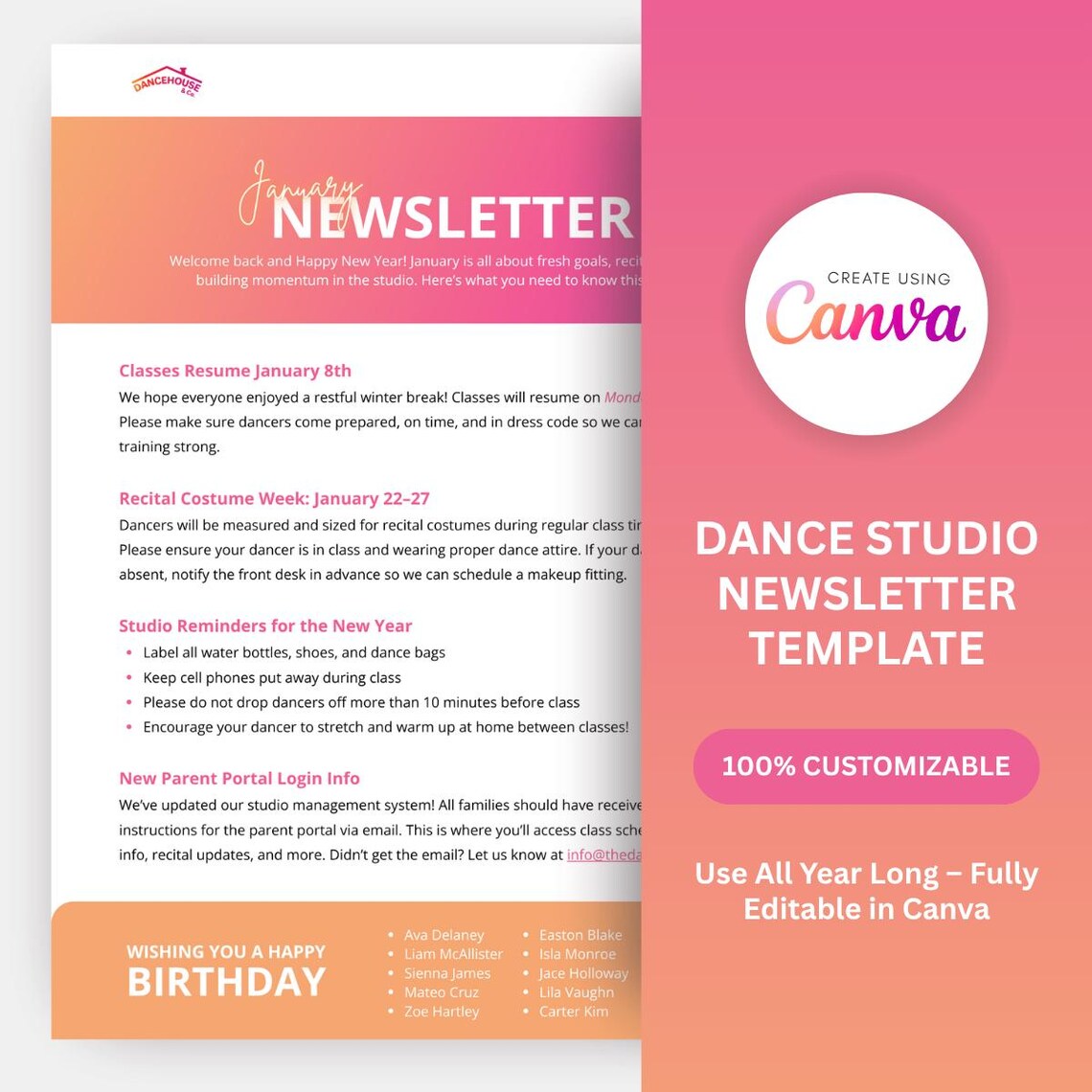 Editable Monthly Dance Studio Newsletter Template | Canva Template for ...
