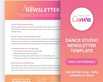 編集可能な月刊ダンススタジオニュースレターテンプレート | スタジオの最新情報や誕生日に使えるCanvaテンプレート | 再利用可能なダンスコミュニケーションツール