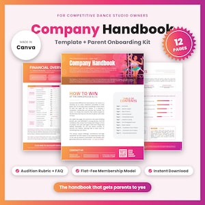 Mall för handbok för danskompani i Canva | Redigerbar medlemsguide för tävlingslag, auditionsrubriker, avgifter + vanliga frågor och svar för föräldrar | Studioägare