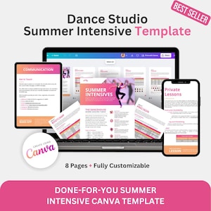May include: A digital template for a Dance Studio Summer Intensive, displayed on a laptop, tablet, and smartphone. The design features pink and white accents, with the text "Summer Intensives" and "Private Lessons". The template is fully customizable.