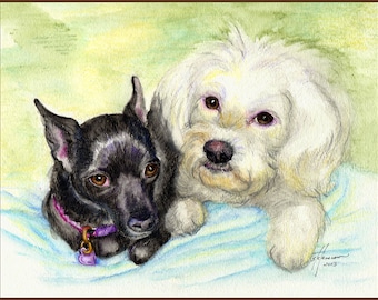 Custom TWO Pet Portraits in One Painting 11" x 14"