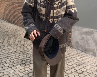 Handmade Fair Isle Wool Cardigan – Oversized Nordic Cozy Winter Knit Sweater