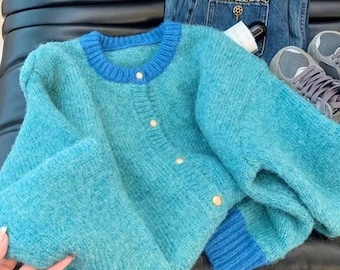 Handmade Wool Knit Cardigan, Cozy Button Front Sweater for Women