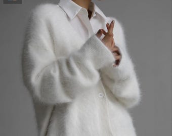 Oversized Mohair Style Cardigan, Cozy V Neck Button Sweater, Women Fall Winter Knit