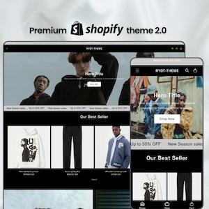 Può includere: Un mockup digitale di un sito web Shopify theme 2.0 visualizzato su un tablet e uno smartphone. Il sito web presenta una combinazione di colori in bianco e nero con immagini di abbigliamento e il testo "RYOT-THEME", "Hero Title" e "Shop Now".