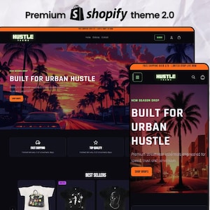 Pode incluir: Design de site em um computador e dispositivo móvel, mostrando uma marca de streetwear. O design apresenta um fundo de pôr do sol com palmeiras e o texto "BUILT FOR URBAN HUSTLE". O tema Shopify é rotulado como "Premium 2.0".