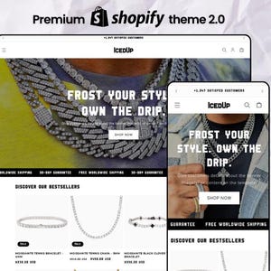 May include: A website homepage for a jewelry store called IcedUp. The website features a large image of a diamond chain necklace and the text "Frost Your Style. Own The Drip." The website also features a section called "Discover Our Bestsellers" which shows images of different types of jewelry, including a tennis bracelet, a chain, and a black clover bracelet.