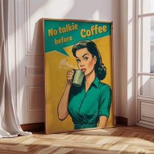 Impresión artística divertida de café, arte de pared retro imprimible, decoración de cocina, descarga digital, póster con cita de cafeína, regalo para amantes del café