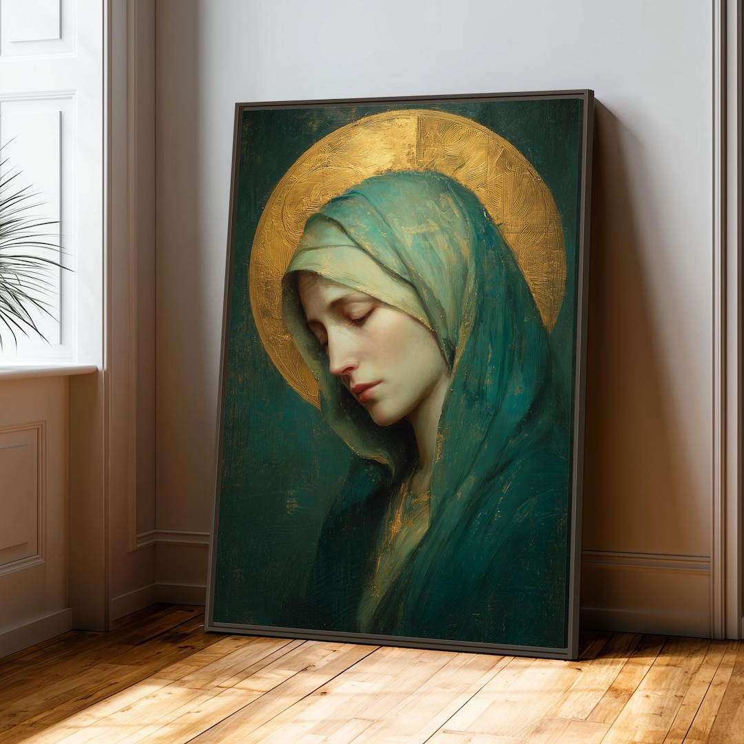 Virgin Mary Framed Canvas | Emerald and Gold Religious Art Print ...