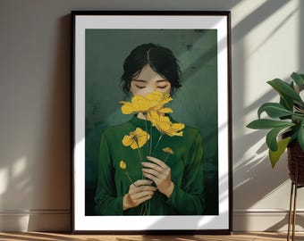 Abstract Female Portrait Print | Emerald Green & Yellow Floral Artwork | Contemporary Home Decor