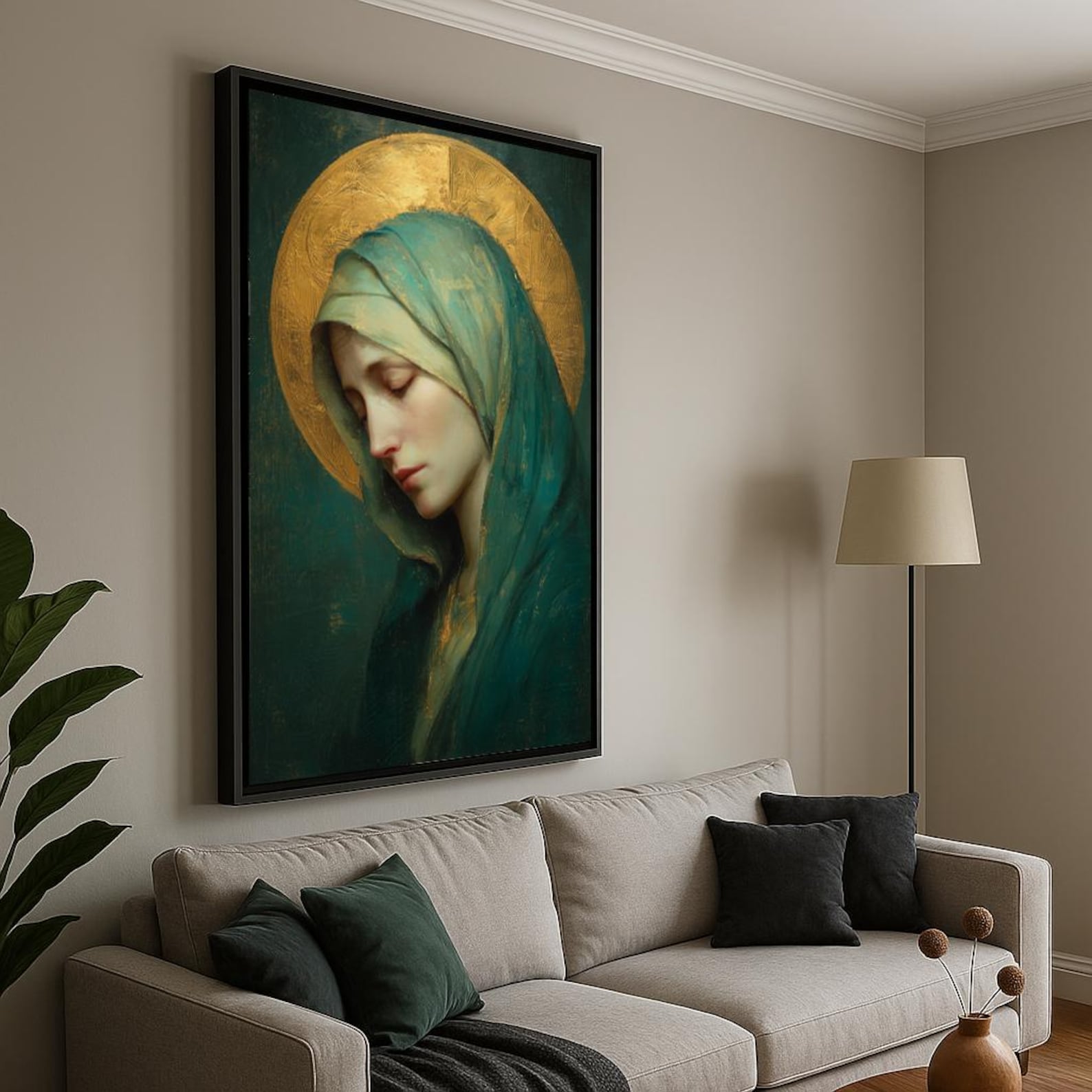 Virgin Mary Framed Canvas | Emerald and Gold Religious Art Print ...