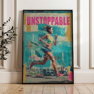 Stampa artistica astratta di arte di strada motivazionale, poster di corsa inarrestabile, decorazione da parete per il fitness, atleta donna, download digitale, arte dell&#39;allenamento