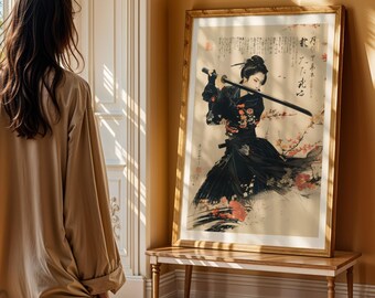 女性侍の壁掛けアート 日本の女武芸者 刀 戦士プリント 黒の着物 花柄