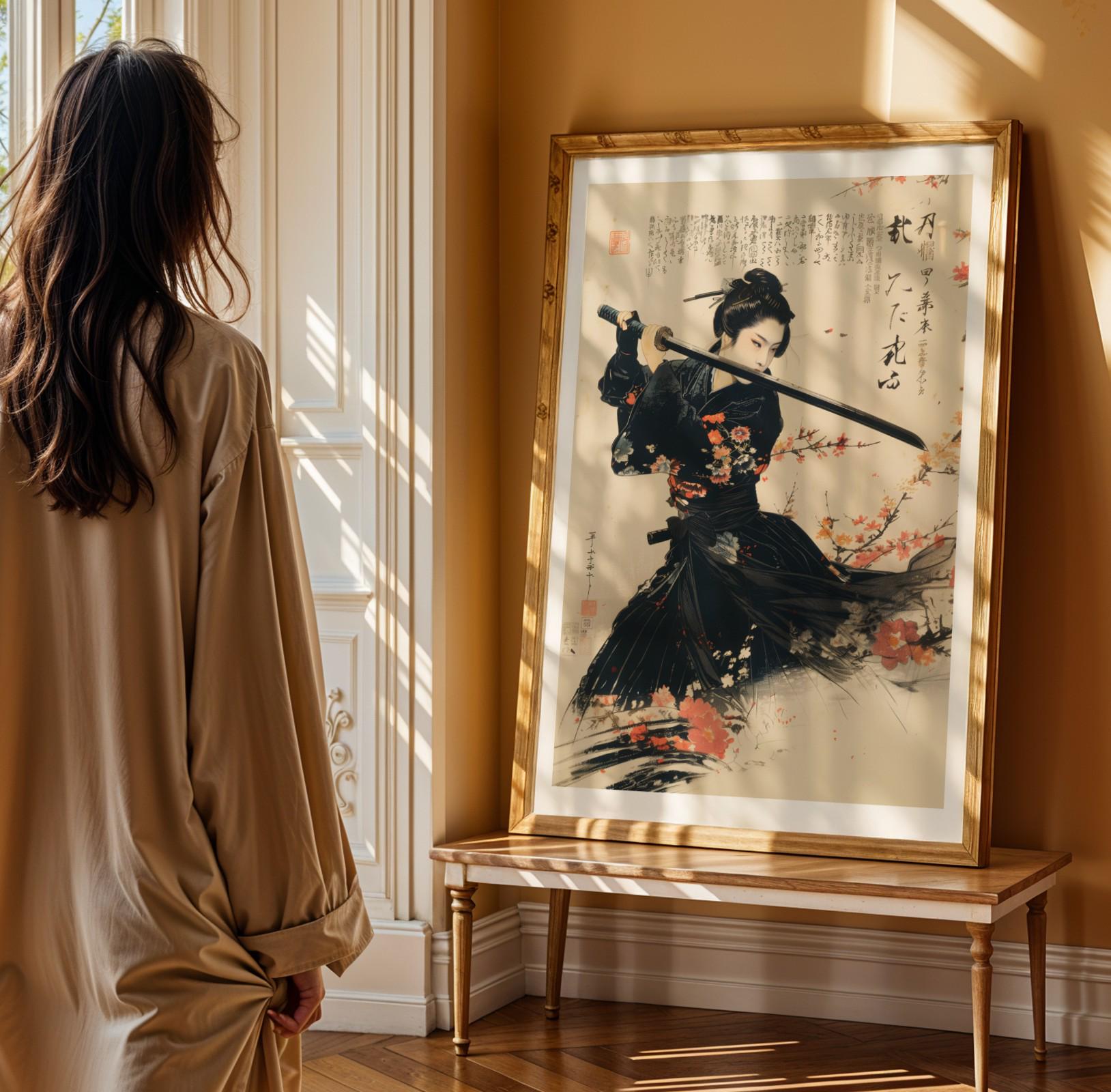 女性侍の壁掛けアート 日本の女武芸者 刀 戦士プリント 黒の着物 花柄
