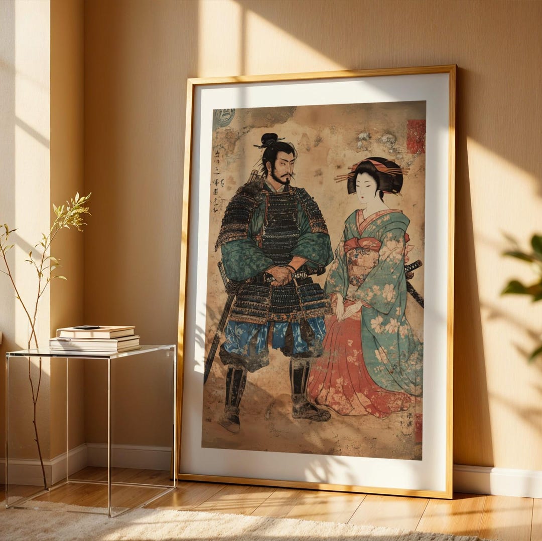 Samurai and Geisha Wall Art Japanese Warrior Print Ukiyo-e Style Decor ...